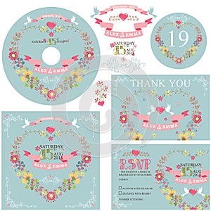 Cute wedding template set with floral wreath