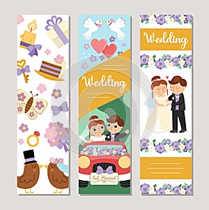 Cute wedding vertical cards set with just married couple, bride, groom, bridesmaids, cake. Vector marriage ceremony vertical print