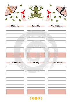 Cute weekly schedule for 6 days. Template with summer vibe, moth, frog, cartoon style. Printable A4 paper for bullet