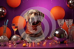 Cute Weimaraner dog with red scarf and champagne.