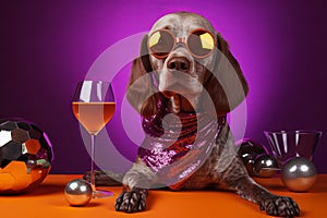 Cute Weimaraner dog with red scarf and champagne