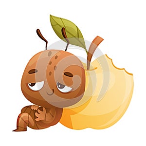 Cute well-fed little ant leaning against apple. Funny insect cartoon character vector illustration