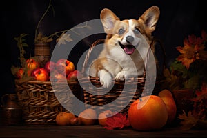 Cute welsh corgi dog in basket with pumpkins and autumn leaves on dark background. Thanksgiving day, Halloween celebration