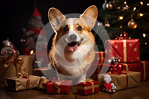 Cute welsh corgi and gift boxes in a Christmas festive concept