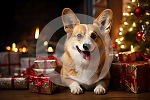 Cute welsh corgi and gift boxes and front of fireplace in a Christmas festive concept