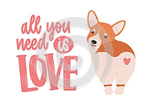 Cute welsh corgi with heart on his back and All You Need Is Love ironic slogan or phrase handwritten with elegant