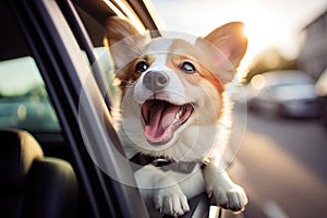 Cute Welsh Corgi Pembroke dog in car, Cute happy dog looking out of car window, AI Generated