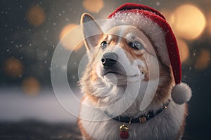 Cute Welsh Corgi in Santa hat. Little pet on blured bokeh background. Generative AI