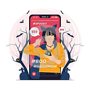 cute werewolf girl with a cloak on social media stories on Halloween concept illustration