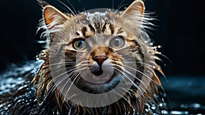 Cute wet cat with water drops around looks
