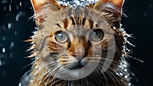 Cute wet cat with water drops around looks