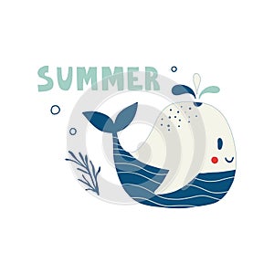 Cute whale, baby character and the inscription summer. Summer colorful card with happy childish nautical animal. Nursery