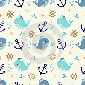 Cute whale, nautical and marine symbols seamless pattern