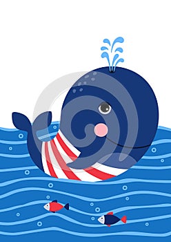 Cute whale in a sailor suit. Poster for baby room.