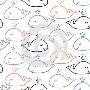 Cute whales baby line style seamless vector pattern.