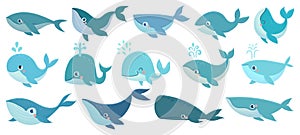 Cute whales. Marine life animals, underwater blue whales, childrens icons for stickers, baby shower, books. Simple