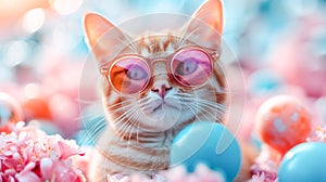 Cute whimsical fluffy cat in pink sunglasses among colorful balloons and flowers. Bright sunlight