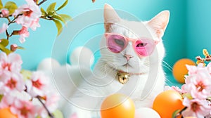 Cute whimsical fluffy white Japanese bobtail cat in pink sunglasses among colorful balloons and flowers. Bright sunlight