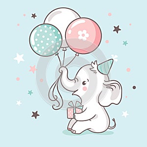 Cute white baby elephant holds a trunk of balloons. Baby shower invitation card