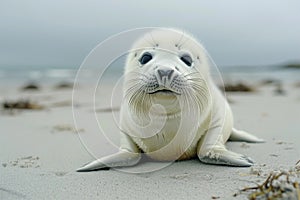 Cute white baby seal on sand beach, copy space