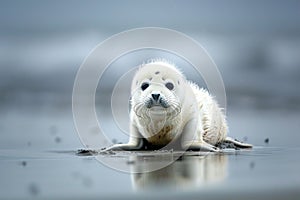 Cute white baby seal on sand beach, copy space