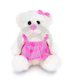 Cute white bear doll with pink skirt and ribbon isolated on white background with shadow reflection. Playful pinky bear.