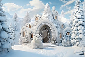 Cute white bear near igloo.Ai generated image