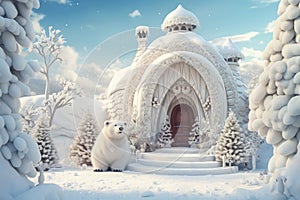 Cute white bear near igloo.Ai generated image