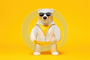 Cute white bear in swimming suit ready to swim on yell, concept of Playful
