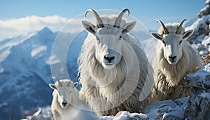 A cute white bighorn sheep grazes on snowy mountain meadow generated by AI
