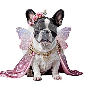 Cute white-black puppy in a fairy costume.