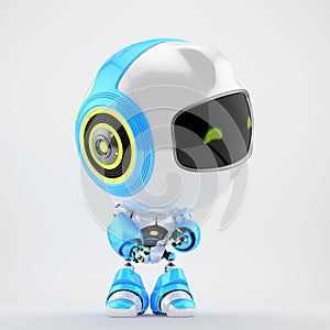 Cute white-blue robot toy looking to the side, 3d rendering