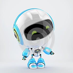 Cute white-blue robot toy looking to the side, 3d rendering