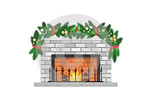 Cute white brick fireplace decorated with Christmas garland, isolated on white background