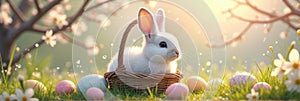 Cute white bunny in basket surrounded by easter eggs in spring meadow