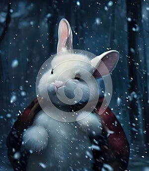 Cute white bunny with a coat in a winter forest.