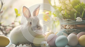 cute white Bunny With Easter Eggs and flowers