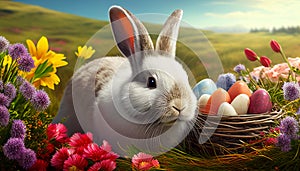 Cute white bunny and Easter eggs in the meadow, AI-generated image
