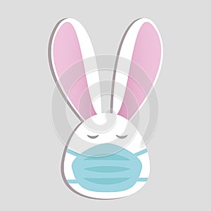 Cute white bunny in face mask on grey background with text. Stay home stay safe. Air pollution concept. Spring allergy. Vector in