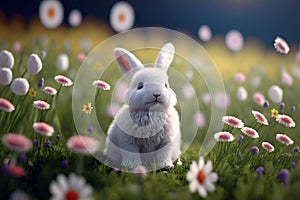 A cute white bunny on a field of flowers, ai generated