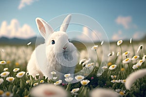 A cute white bunny on a field of flowers, ai generated