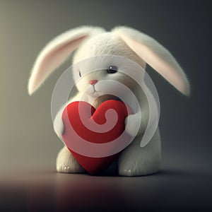 Cute white bunny holding a red heart. Created with Generative AI