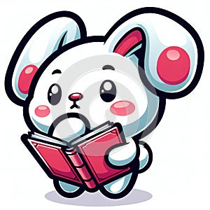 Cute White Bunny Reading a Red Book