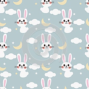Cute white bunny on the sky seamless pattern