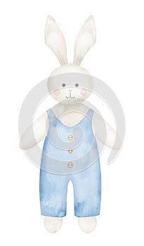 Cute white Bunny Toy watercolor illustration in blue cloth. Hand drawn drawing for kid leisure game. Sketch for Baby