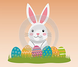 Cute white bunny vector illustration, Happy Easter background for greeting card, poster, banner