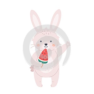 Cute white bunny in with watermelon ice cream waving hand. Hello summer, summer vacation, summertime. Hand drawn vector