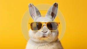 Cute white bunny wearing sunglasses in heat on solid color backgroundStudio shot with copy space.