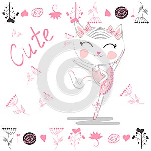 Cute white cartoon cat in ballet tutu, kitty girl in a pink skirt