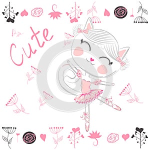 cute white cartoon cat in ballet tutu, kitty girl in a pink skirt